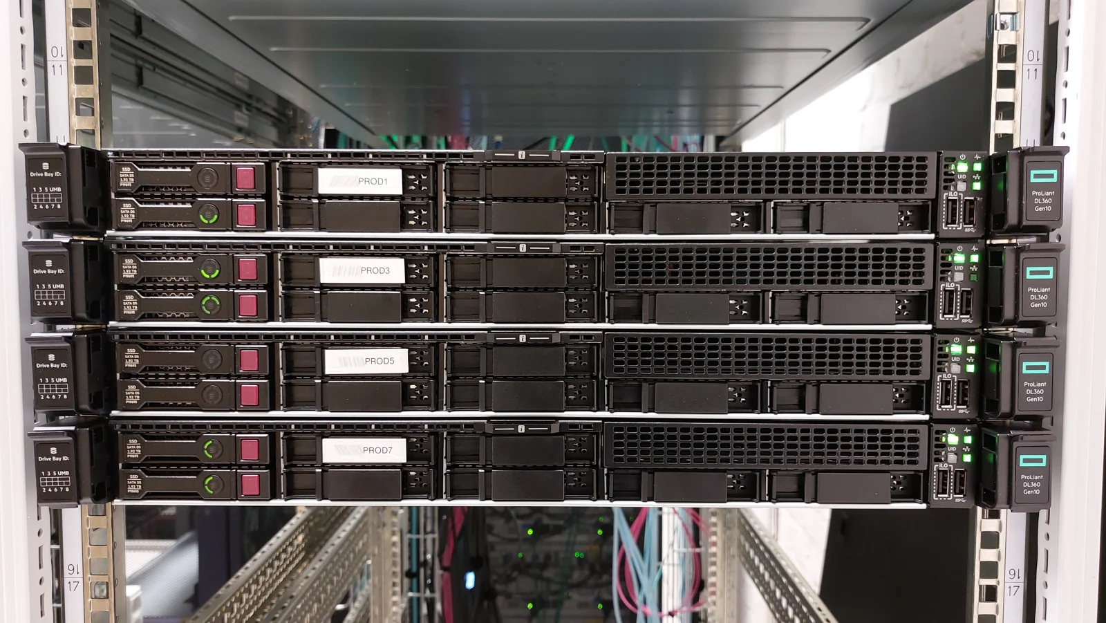 Four HPE ProLiant servers mounted in a professional equipment rack